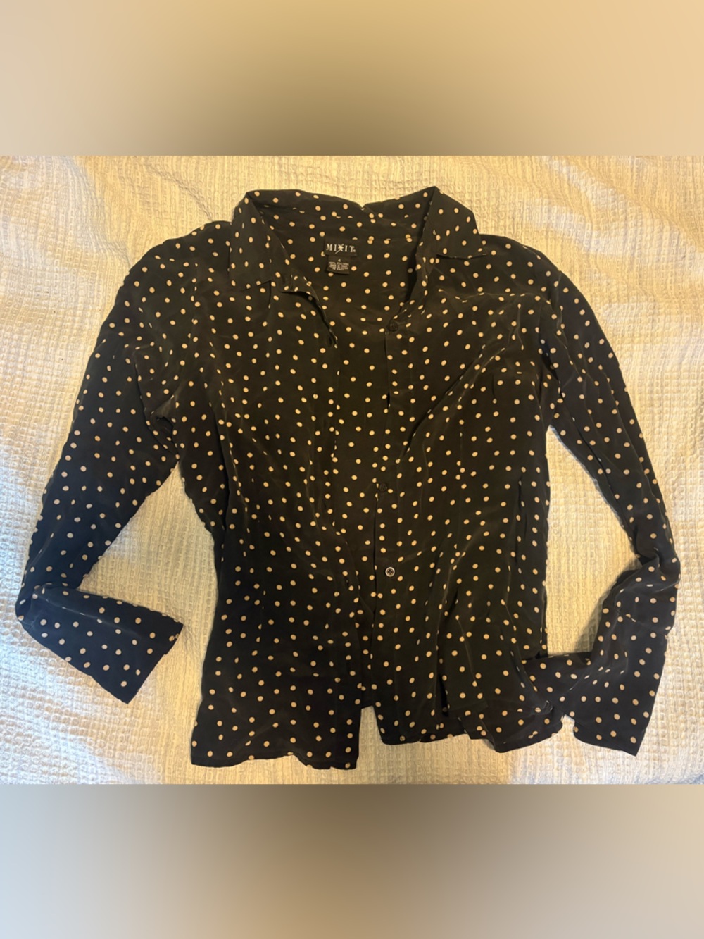 Mixit 100% silk Black Blouse with Cream Polka Dots